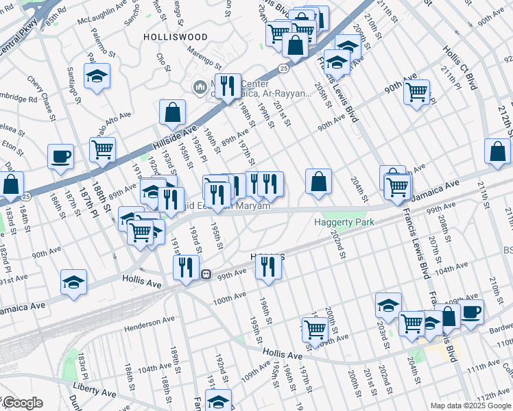 map of restaurants, bars, coffee shops, grocery stores, and more near 196-26 Woodhull Avenue in Queens
