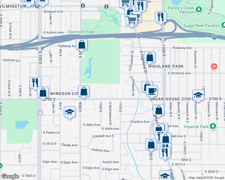 map of restaurants, bars, coffee shops, grocery stores, and more near 1045 East 2700 South in Salt Lake City