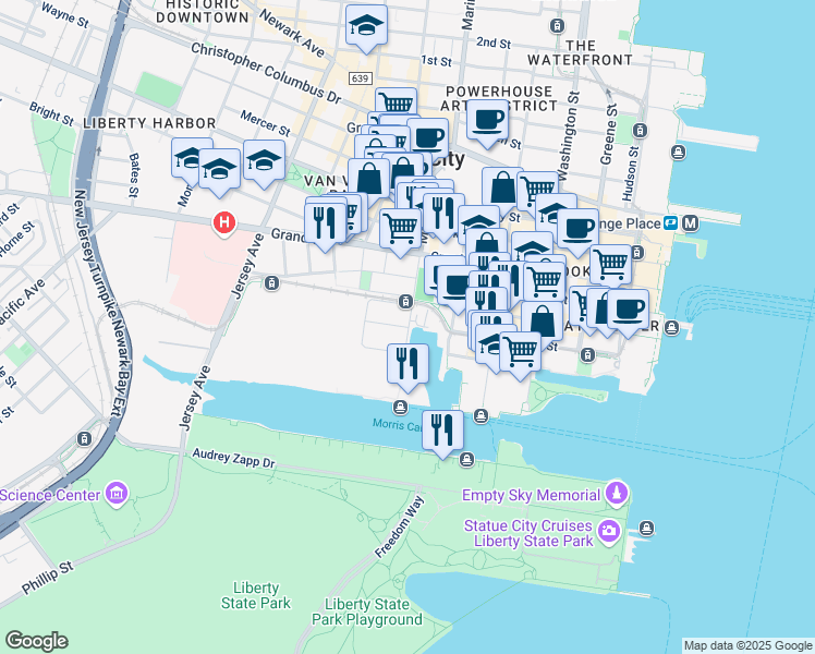 map of restaurants, bars, coffee shops, grocery stores, and more near 130 Marin Boulevard in Jersey City