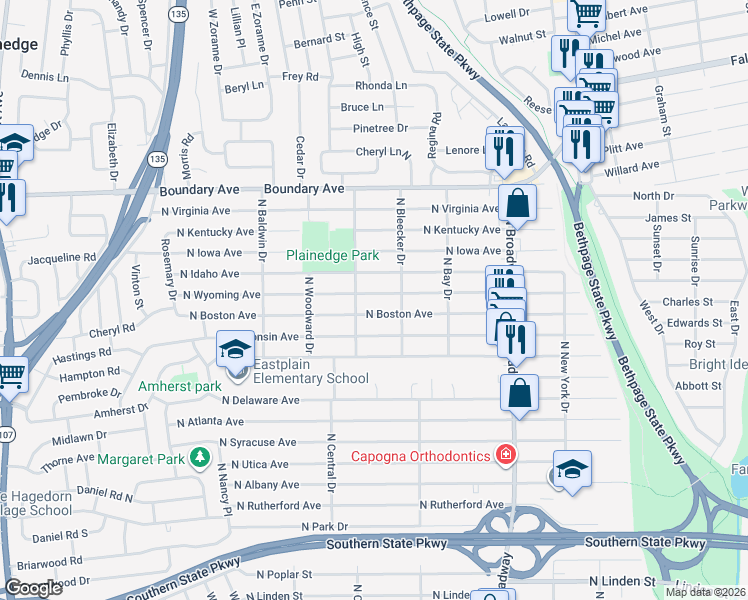 map of restaurants, bars, coffee shops, grocery stores, and more near 272 North Boston Avenue in Massapequa