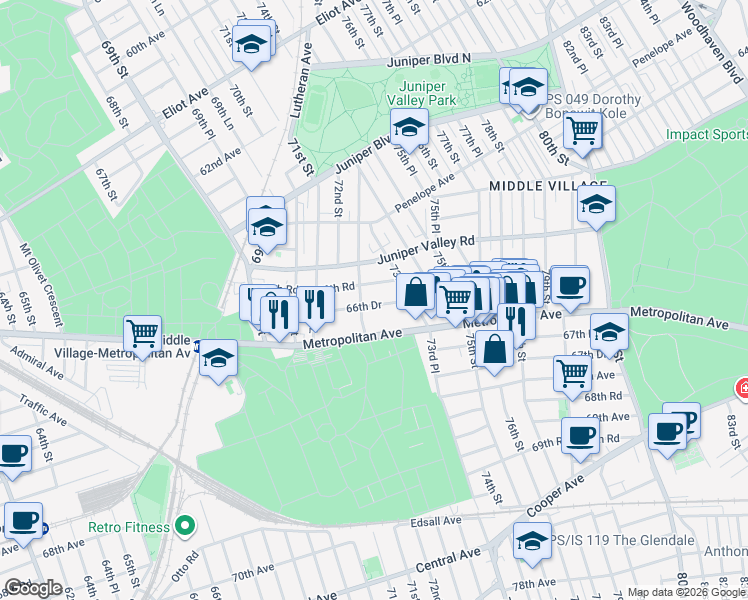 map of restaurants, bars, coffee shops, grocery stores, and more near 72-31 Metropolitan Avenue in Queens