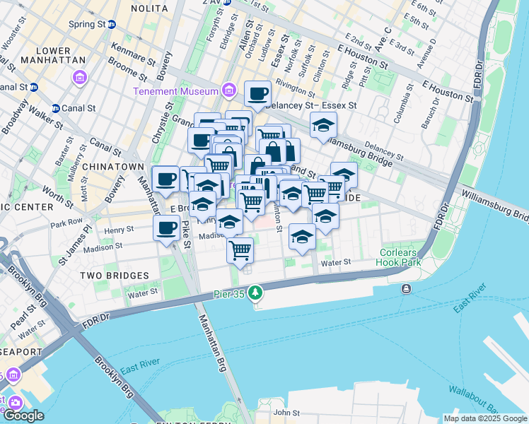 map of restaurants, bars, coffee shops, grocery stores, and more near 193 A Henry Street in New York