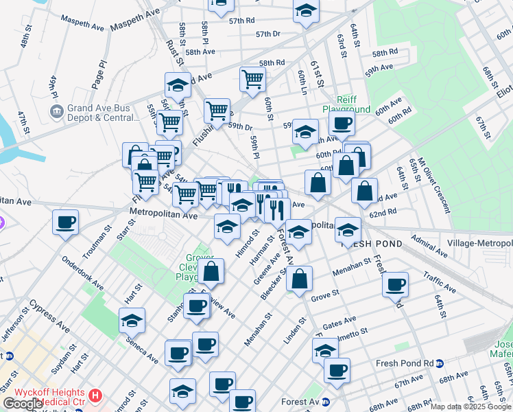 map of restaurants, bars, coffee shops, grocery stores, and more near 5517 Metropolitan Avenue in Queens