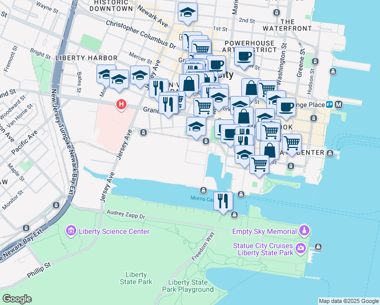 map of restaurants, bars, coffee shops, grocery stores, and more near 33 Park View Avenue in Jersey City