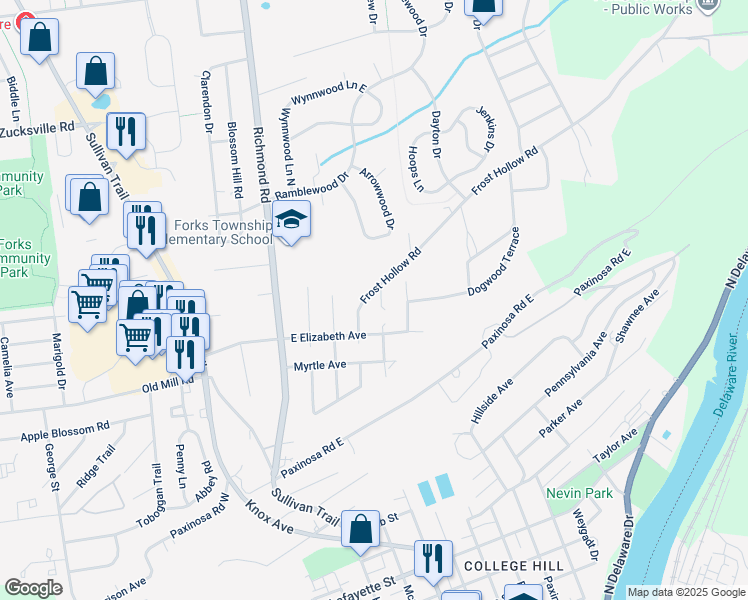 map of restaurants, bars, coffee shops, grocery stores, and more near 207 Frost Hollow Road in Easton
