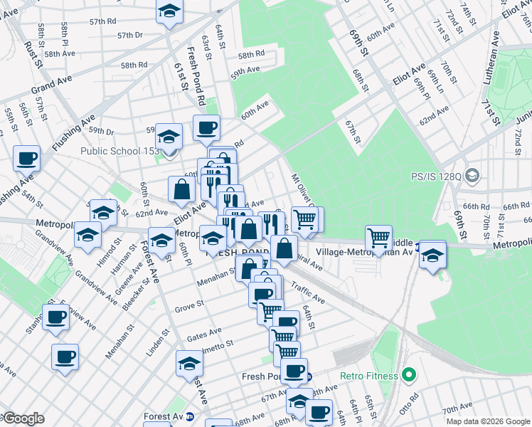 map of restaurants, bars, coffee shops, grocery stores, and more near 62-27 62nd Road in Queens