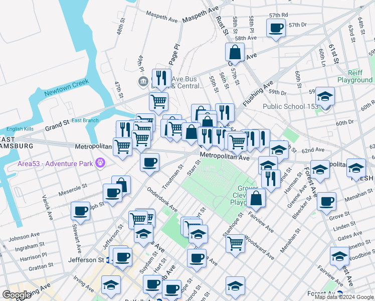 map of restaurants, bars, coffee shops, grocery stores, and more near 51-10 Metropolitan Avenue in Queens