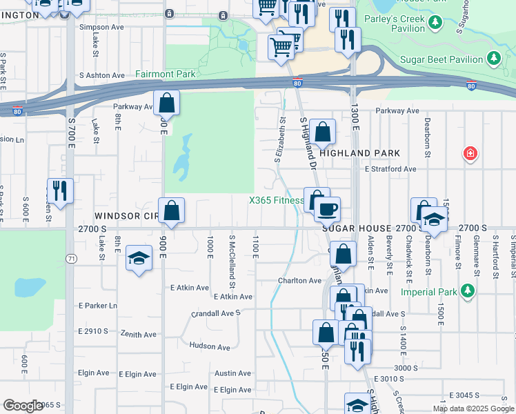 map of restaurants, bars, coffee shops, grocery stores, and more near 2618 South 1100 East in Salt Lake City