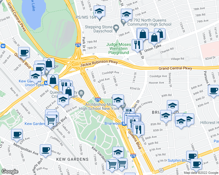 map of restaurants, bars, coffee shops, grocery stores, and more near 135-20 Hoover Avenue in Queens