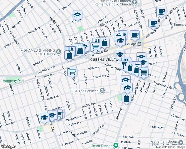 map of restaurants, bars, coffee shops, grocery stores, and more near 213-19 102nd Avenue in Queens