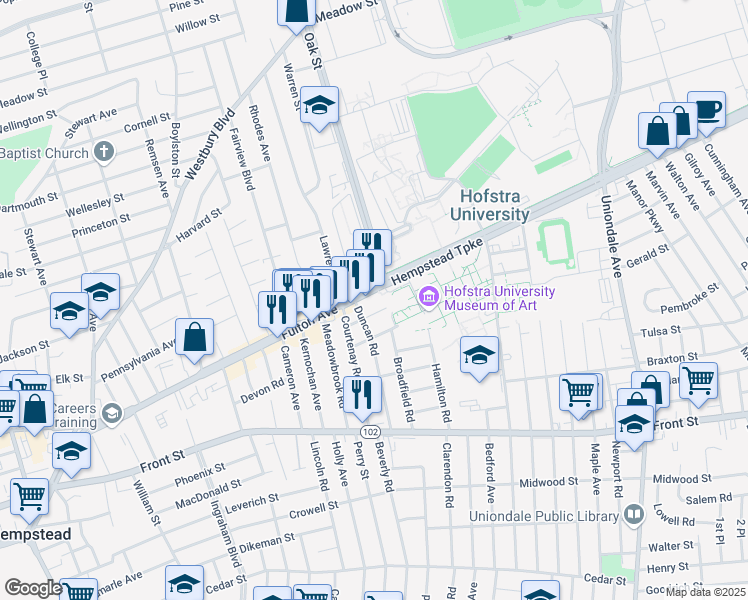 map of restaurants, bars, coffee shops, grocery stores, and more near 1000 Fulton Avenue in Hempstead