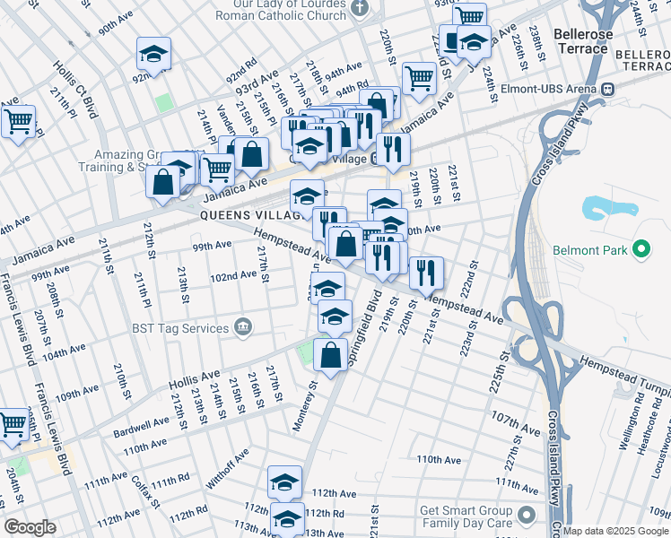 map of restaurants, bars, coffee shops, grocery stores, and more near 218-11 104th Avenue in Queens