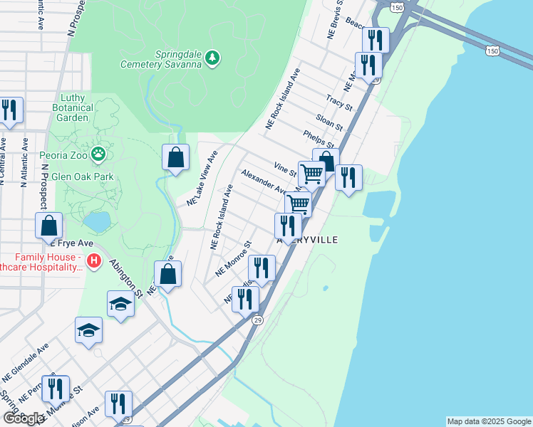 map of restaurants, bars, coffee shops, grocery stores, and more near 523 Haungs Avenue in Peoria