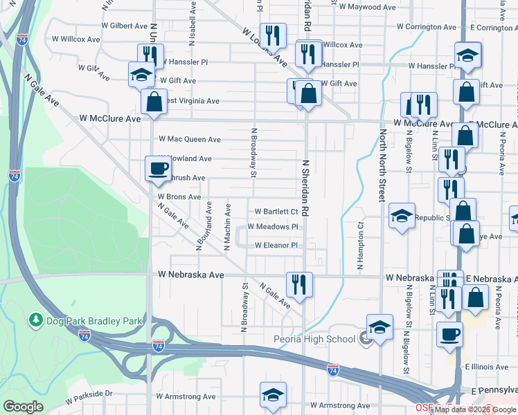 map of restaurants, bars, coffee shops, grocery stores, and more near 823 West Bartlett Court in Peoria