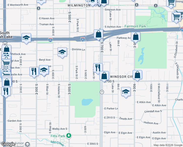 map of restaurants, bars, coffee shops, grocery stores, and more near 625 2700 South in Salt Lake City