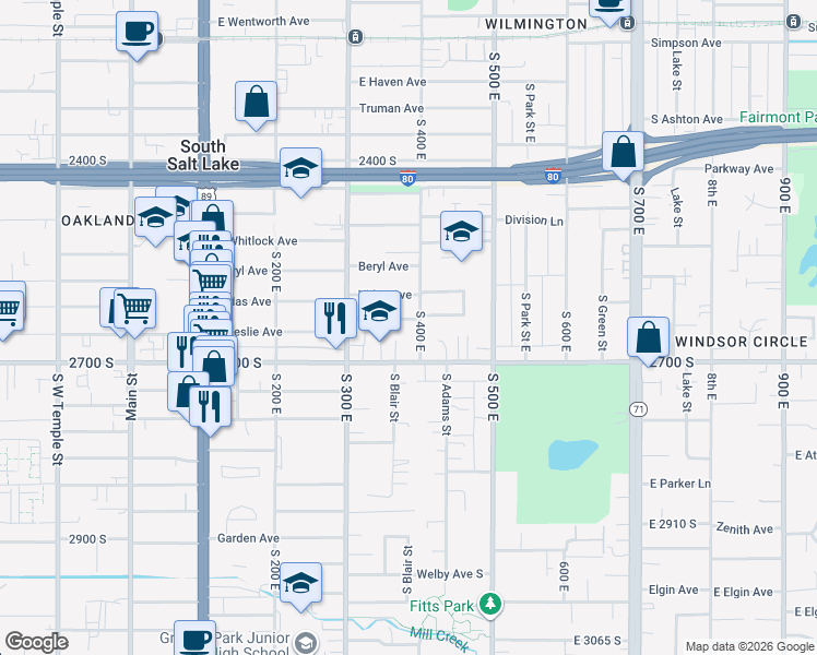 map of restaurants, bars, coffee shops, grocery stores, and more near 2681-2695 South 360 East in South Salt Lake