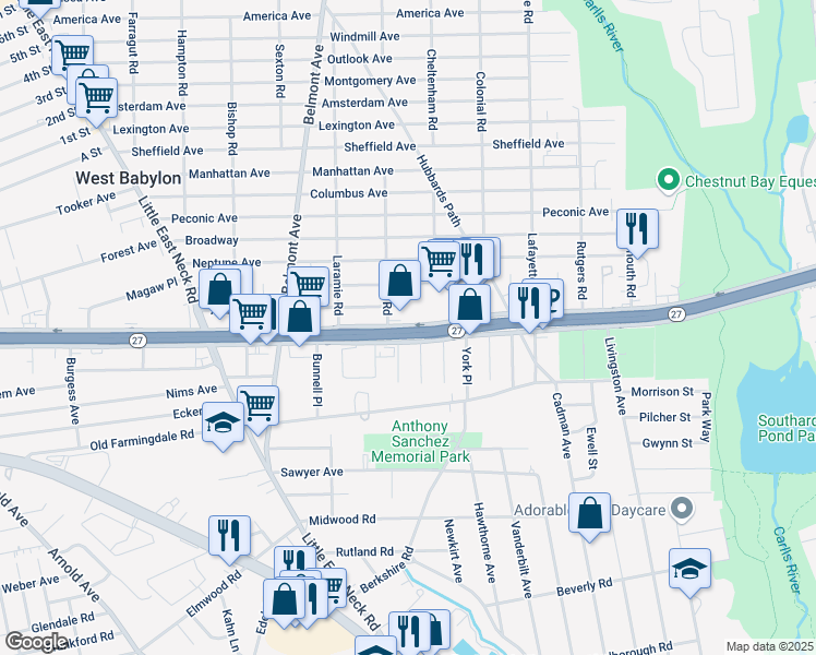 map of restaurants, bars, coffee shops, grocery stores, and more near 672 Sunrise Highway in West Babylon