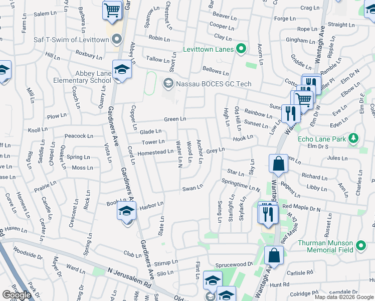 map of restaurants, bars, coffee shops, grocery stores, and more near 49 Water Lane North in Levittown