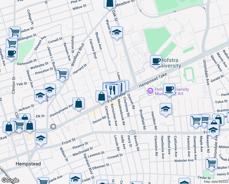 map of restaurants, bars, coffee shops, grocery stores, and more near 742 Fulton Avenue in Hempstead