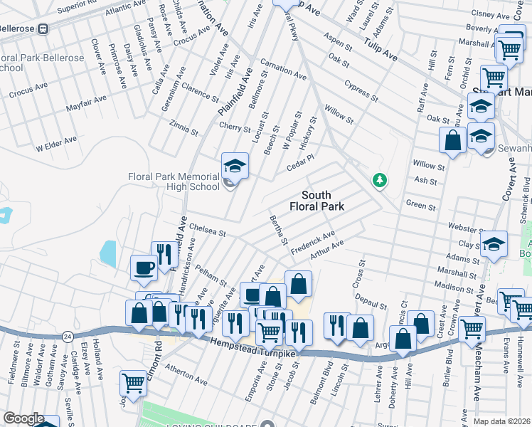 map of restaurants, bars, coffee shops, grocery stores, and more near 270 Louis Avenue in South Floral Park