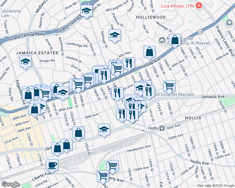map of restaurants, bars, coffee shops, grocery stores, and more near 89-23 187th Place in Queens