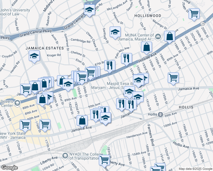 map of restaurants, bars, coffee shops, grocery stores, and more near 89-06 187th Street in Queens