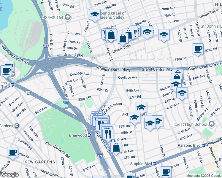 map of restaurants, bars, coffee shops, grocery stores, and more near 141-71 84th Road in Queens