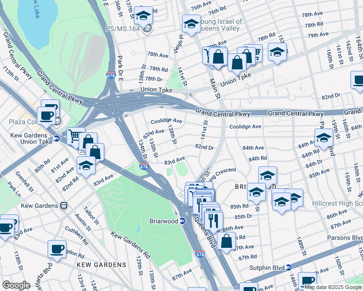map of restaurants, bars, coffee shops, grocery stores, and more near 139-1 83rd Avenue in Queens