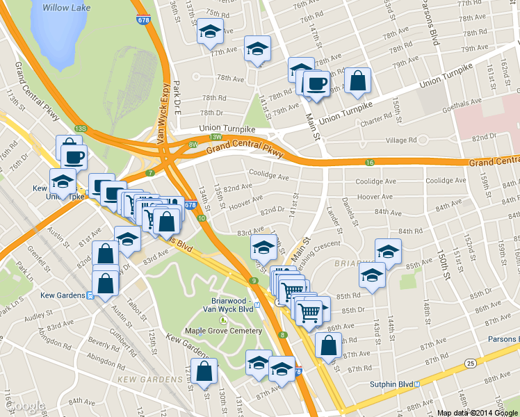map of restaurants, bars, coffee shops, grocery stores, and more near 135-34 82nd Drive in Queens