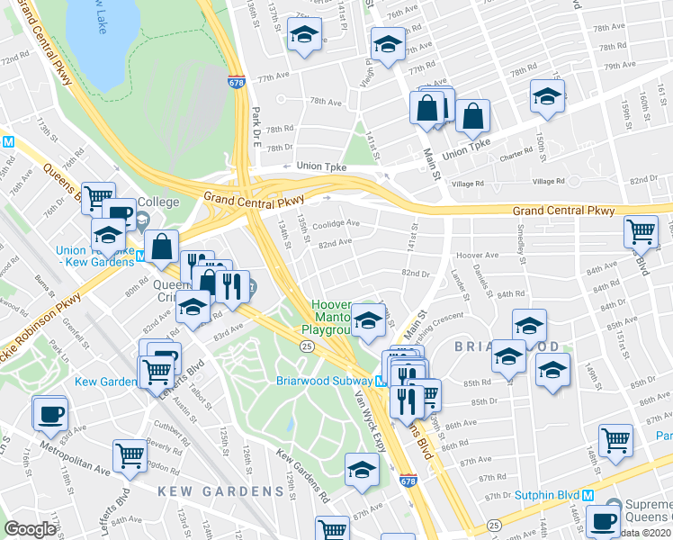 map of restaurants, bars, coffee shops, grocery stores, and more near 135-34 82nd Drive in Queens