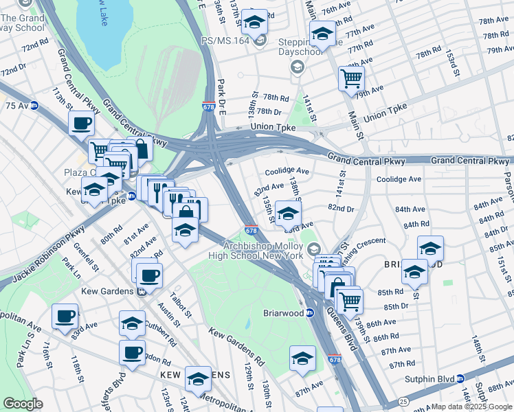 map of restaurants, bars, coffee shops, grocery stores, and more near 69 Kew Gardens Road in Queens