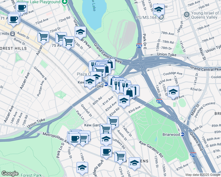 map of restaurants, bars, coffee shops, grocery stores, and more near 14 81st Avenue in Queens