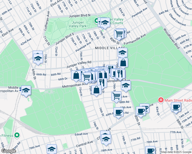 map of restaurants, bars, coffee shops, grocery stores, and more near 7532 Metropolitan Avenue in Queens
