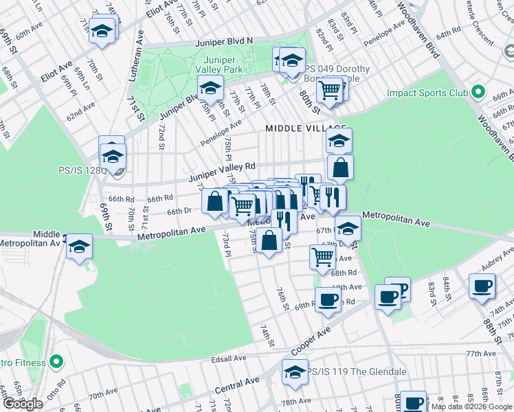 map of restaurants, bars, coffee shops, grocery stores, and more near 74-05 Metropolitan Avenue in Queens