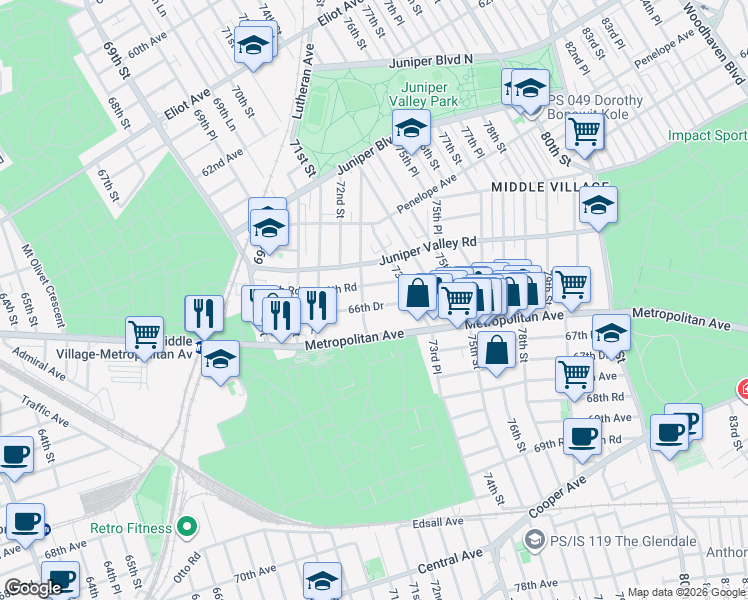 map of restaurants, bars, coffee shops, grocery stores, and more near 66-64 Pleasantview Street in Queens