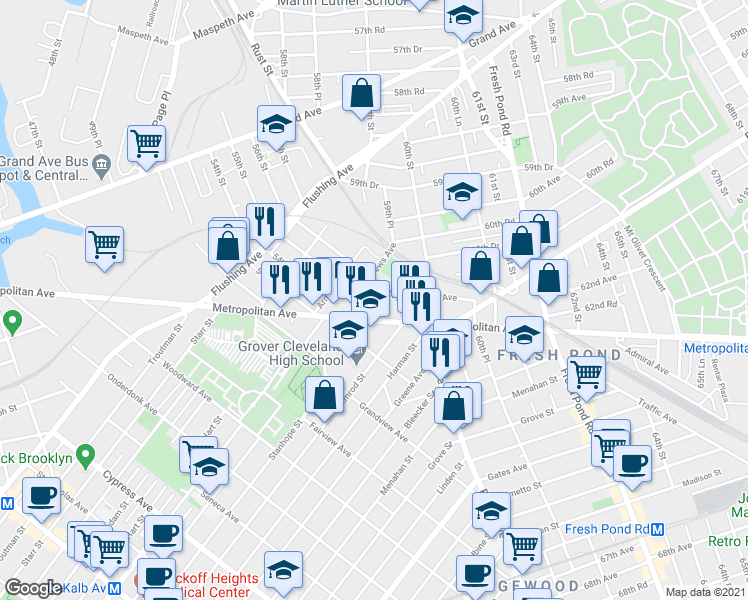 map of restaurants, bars, coffee shops, grocery stores, and more near 5517 Metropolitan Avenue in Queens