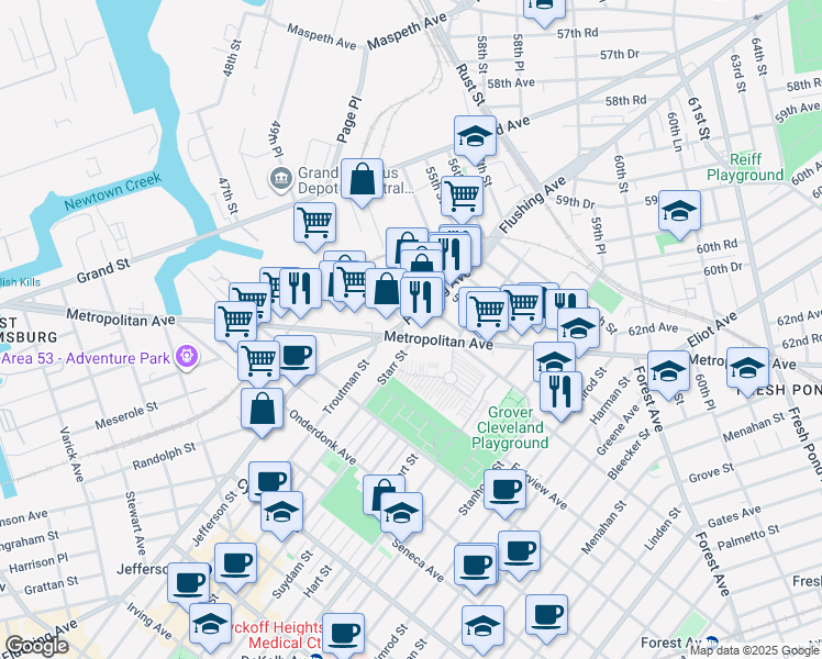 map of restaurants, bars, coffee shops, grocery stores, and more near in Queens