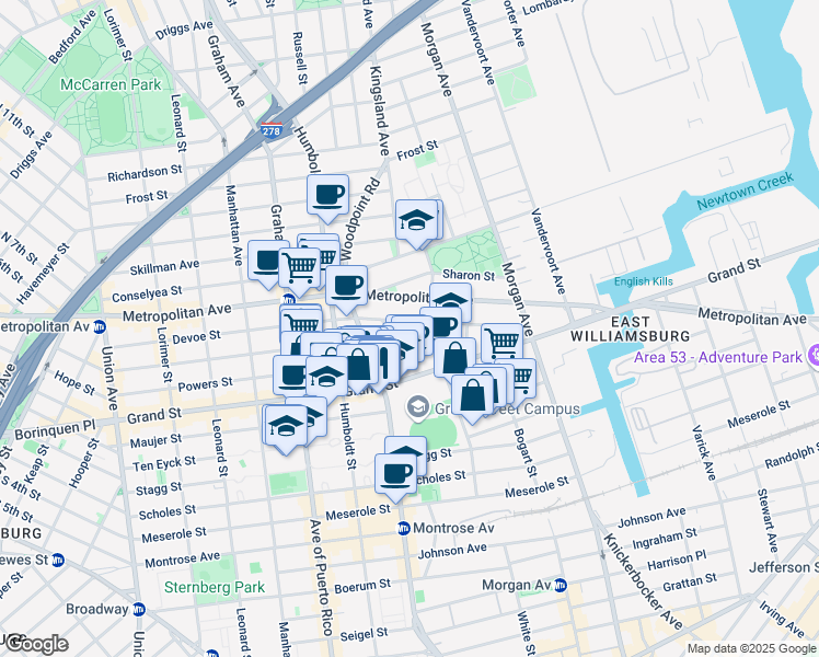 map of restaurants, bars, coffee shops, grocery stores, and more near 182 Powers Street in Brooklyn