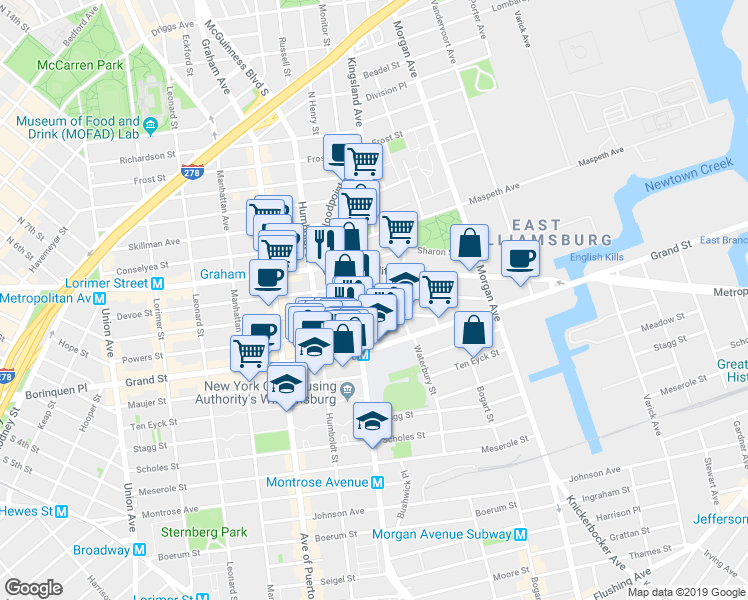 map of restaurants, bars, coffee shops, grocery stores, and more near 182 Powers Street in Brooklyn