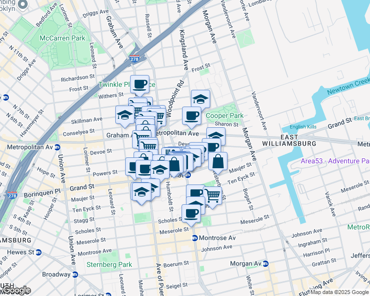 map of restaurants, bars, coffee shops, grocery stores, and more near 65 Bushwick Avenue in Brooklyn