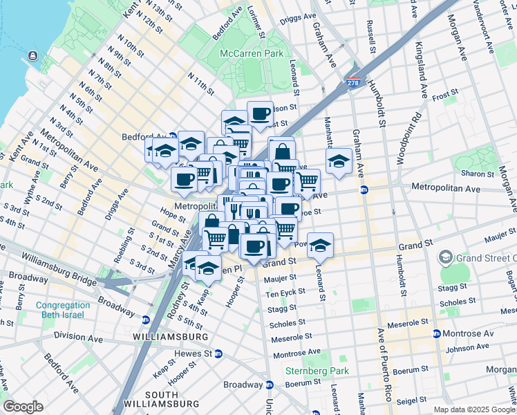 map of restaurants, bars, coffee shops, grocery stores, and more near 422 Union Avenue in Brooklyn
