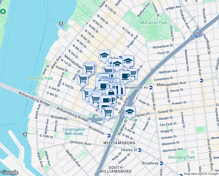 map of restaurants, bars, coffee shops, grocery stores, and more near 131 Havemeyer Street in Brooklyn