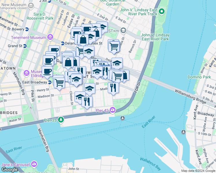 map of restaurants, bars, coffee shops, grocery stores, and more near 376 Madison Street in New York
