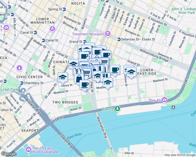 map of restaurants, bars, coffee shops, grocery stores, and more near 122 Henry Street in New York