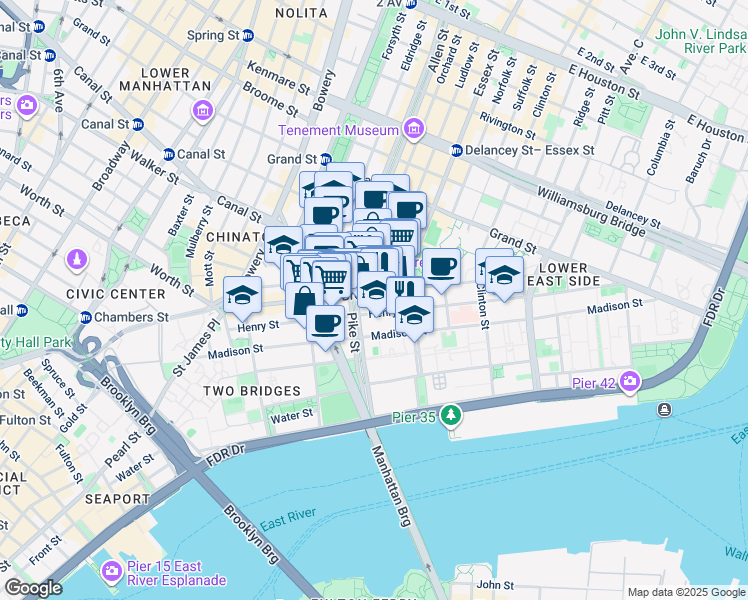 map of restaurants, bars, coffee shops, grocery stores, and more near 122 Henry Street in New York