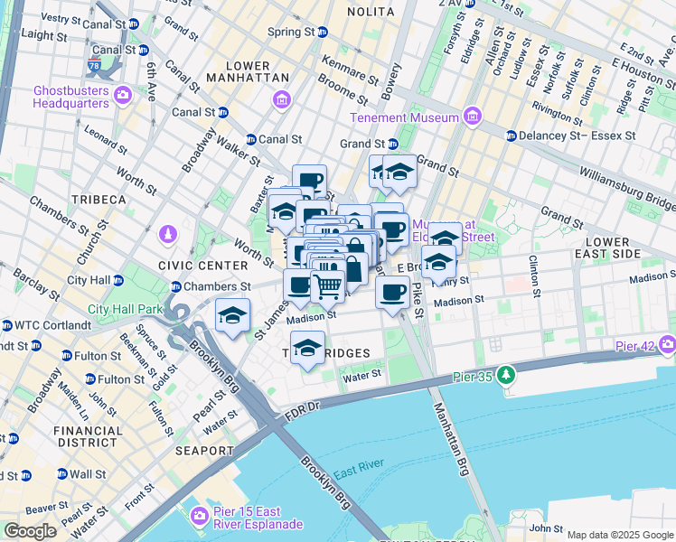 map of restaurants, bars, coffee shops, grocery stores, and more near 29 Henry Street in New York