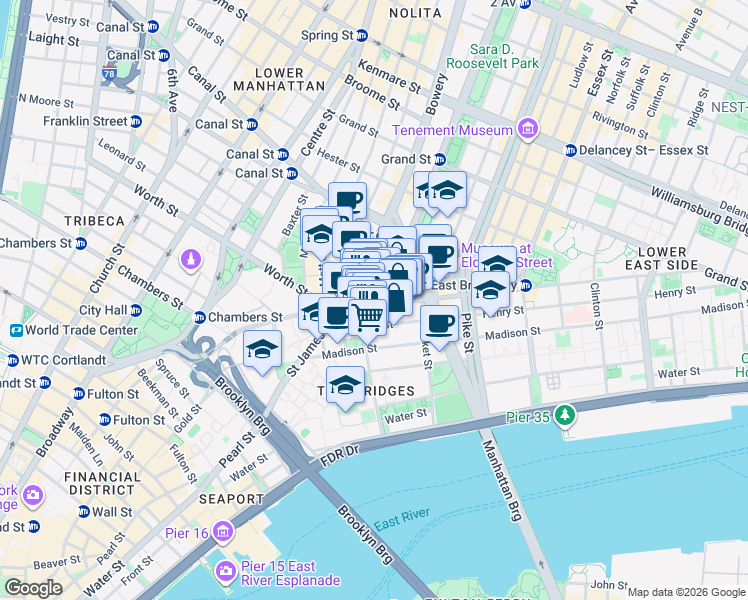 map of restaurants, bars, coffee shops, grocery stores, and more near 29 Henry Street in New York