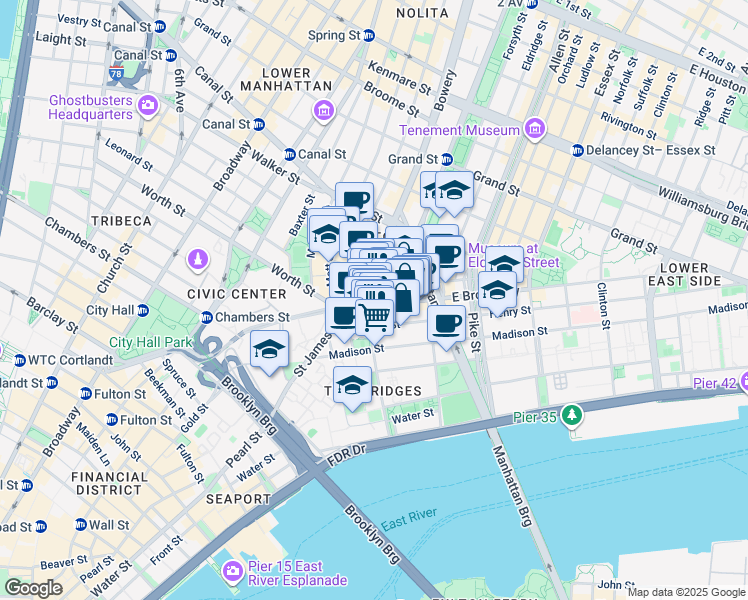 map of restaurants, bars, coffee shops, grocery stores, and more near 29 Henry Street in New York