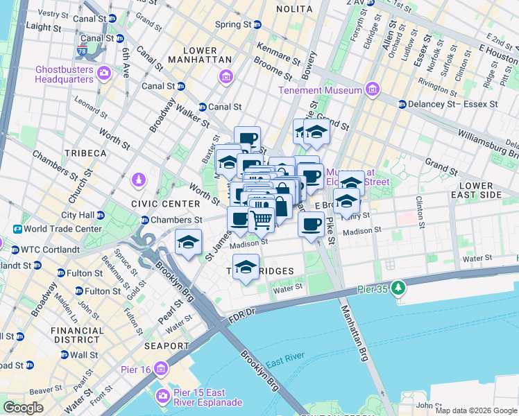 map of restaurants, bars, coffee shops, grocery stores, and more near 29 Henry Street in New York