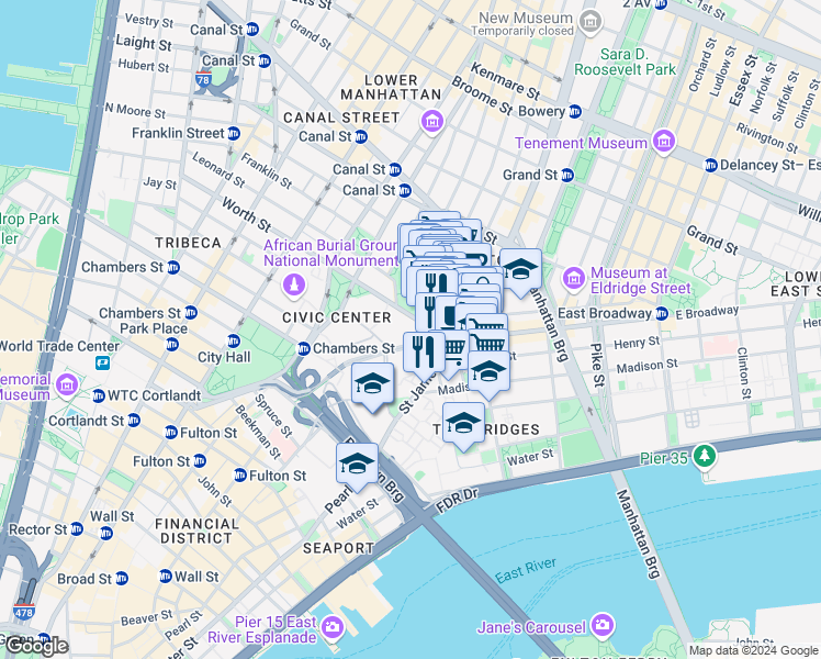 map of restaurants, bars, coffee shops, grocery stores, and more near 215 Park Row in New York